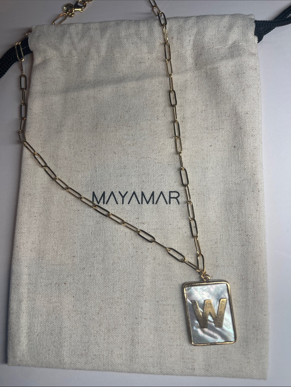 Gold W Rectangle Pendant Paperclip Necklace with Mother-of-Pearl by Mayamar - Picture 1 of 5